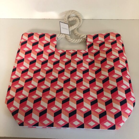 Macy’s Tote Bag Pink Navy Large Beach Travel Canvas Shoulder Rope Handles NEW - Picture 3 of 6